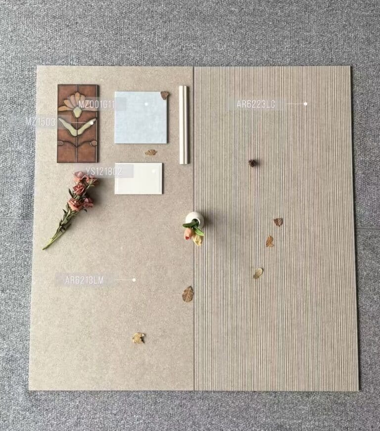 color tile mood board with floral accents