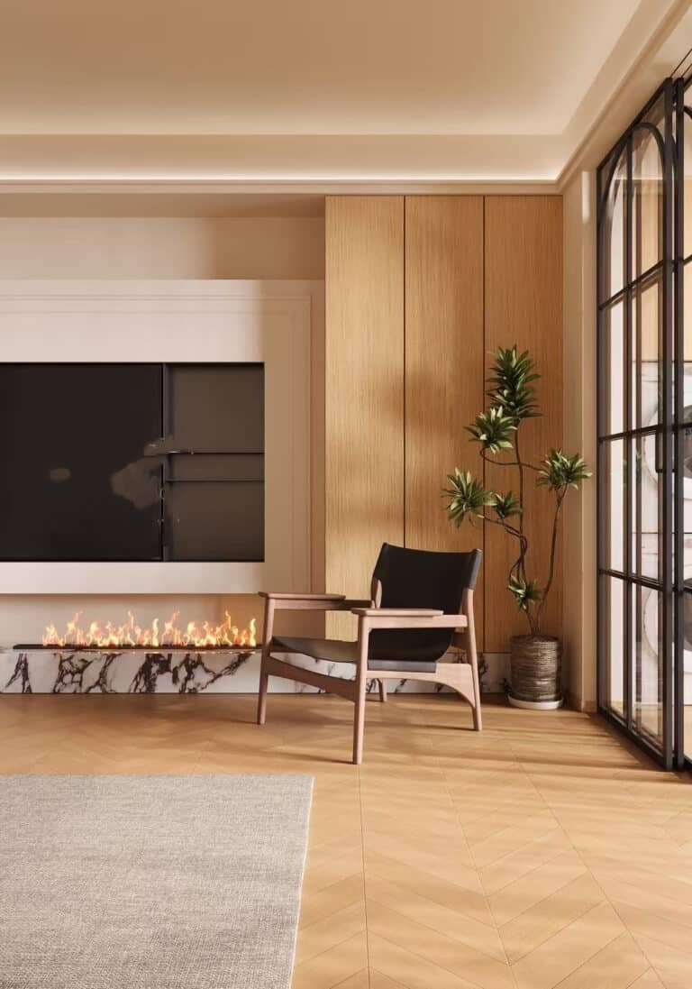 living room with light wood grain floor tiles and modern decor